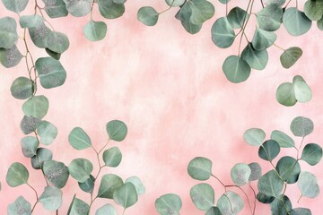 Elegant arrangement of eucalyptus leaves on a soft pink background creating a serene atmosphere