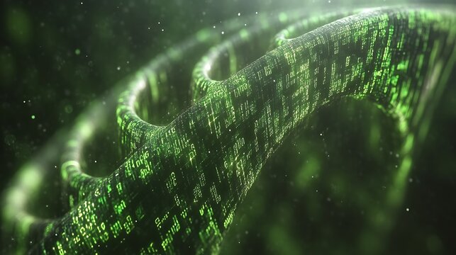 Digital DNA helix glowing green with code