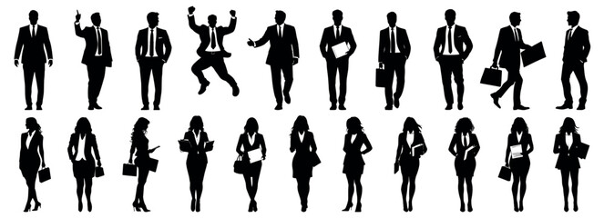 Business people vector silhouettes set. Business man and woman in formal classic clothes. Businessmen walking and holding documents and briefcases, view from different sides