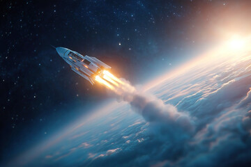 Obraz premium Rocket Launch with Powerful Propulsion Exiting Atmosphere for Space Exploration