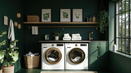 A trendy laundry space with dark green walls, gold hardware, and a washer and dryer set tucked beneath floating shelves.