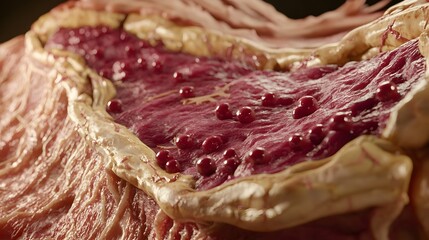 Obraz premium Closeup of a thick juicy slab of premium marbled beef steak cut and ready for culinary The raw red meat texture and fibers are visible along with the fine fat marbling throughout the protein cut