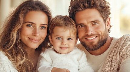 Fototapeta premium Young family enjoys the comfort of home, cuddling with their child on the couch