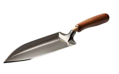 A construction brick trowel with a wooden handle, isolated on a empty plain background