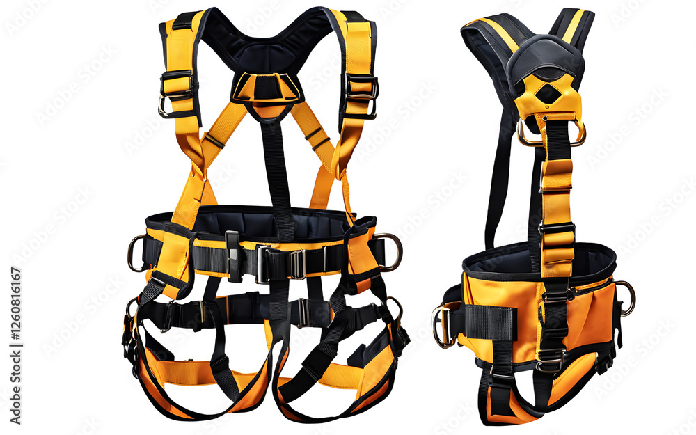 Poster a construction worker’s safety harness with sturdy straps, isolated on a empty plain background