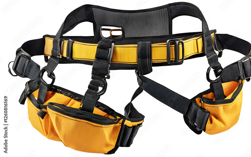 Poster a construction worker’s safety harness with sturdy straps, isolated on a empty plain background