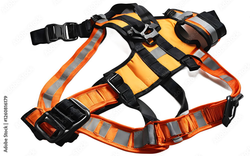 Poster a construction worker’s safety harness with sturdy straps, isolated on a empty plain background