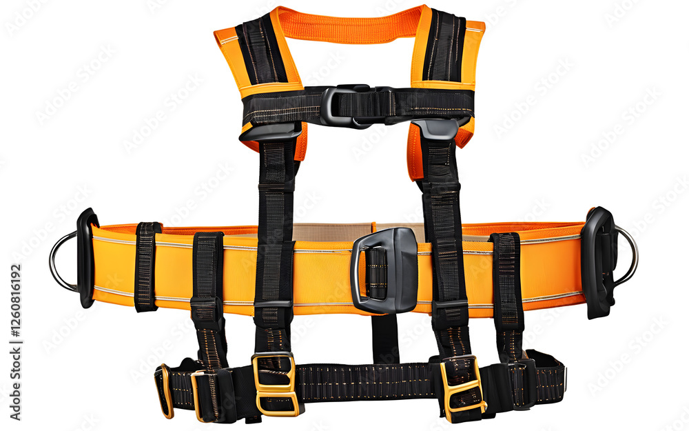 Poster a construction worker’s safety harness with sturdy straps, isolated on a empty plain background