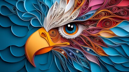 Animal portrait paper quilling concept. Vibrant, intricate eagle portrait with colorful feathers and a striking eye detail.