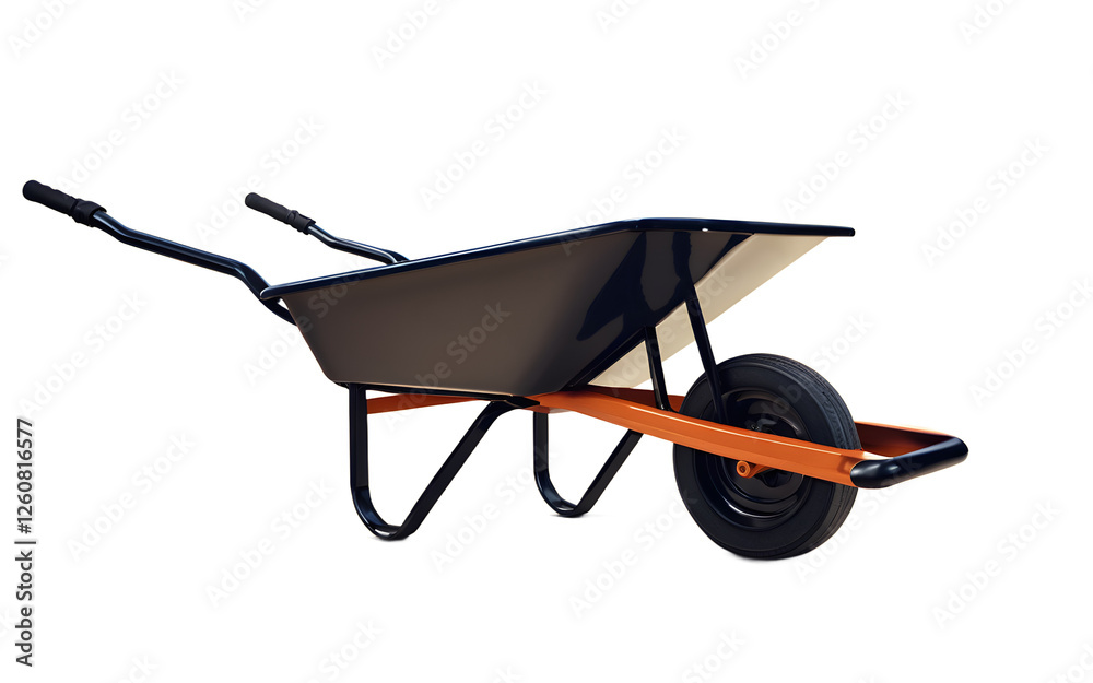 Poster a rugged construction site wheelbarrow, isolated on a empty plain background