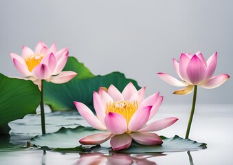 Pink lotus flowers in different blooming stages delicate aquatic plants on white light background