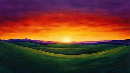 Obraz premium The sun dips below the horizon, casting long shadows across an endless green field, as the sky transitions from fiery orange to deep violet.