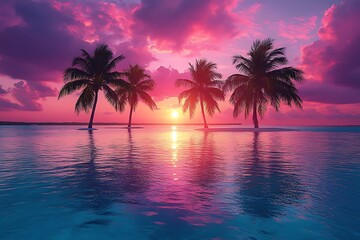 Serene sunset over tranquil waters with palm trees silhouetted against vibrant sky colors