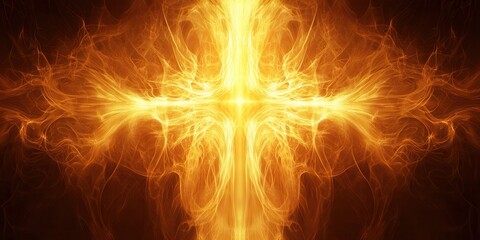 Fototapeta premium God hope symbolic abstract concept. A radiant, fiery cross emanating light and energy, symbolizing spirituality and faith against a dark background.