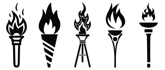 fire flame torch icon .torch burning fire light lit up. Torch icon vector. Flame symbol with holding stick. Victory, success or achievement sign.silhouette design