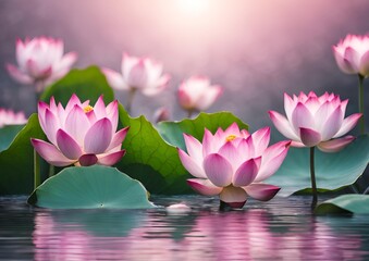 Pink lotus flowers in different blooming stages delicate aquatic plants on white light background