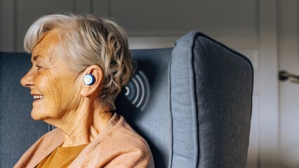 An older woman is seen wearing an advanced earpiece that tracks her auditory health with a display showing ambient noise levels and notifications for hearing adjustments.