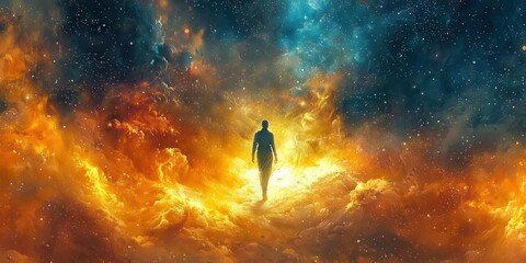 Fototapeta premium God hope symbolic abstract concept. A vibrant cosmic scene featuring a silhouetted figure walking through an explosion of colorful nebulae and stars.