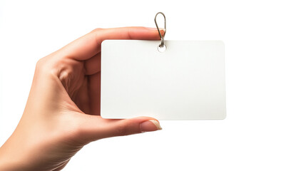 Hand holding blank name tag label isolated on white background.
