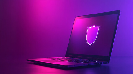 Laptop with security shield on screen, purple background copy space for text, data security and protection concept.