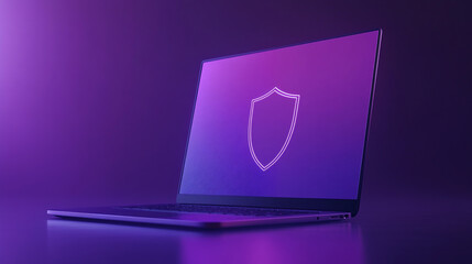 Laptop with security shield on screen, purple background copy space for text, data security and protection concept.