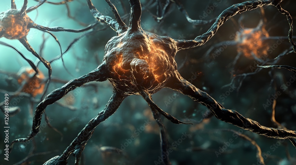 Fototapete Closeup view of a complex network of vibrant glowing neurons intertwining and branching in a dynamic abstract pattern