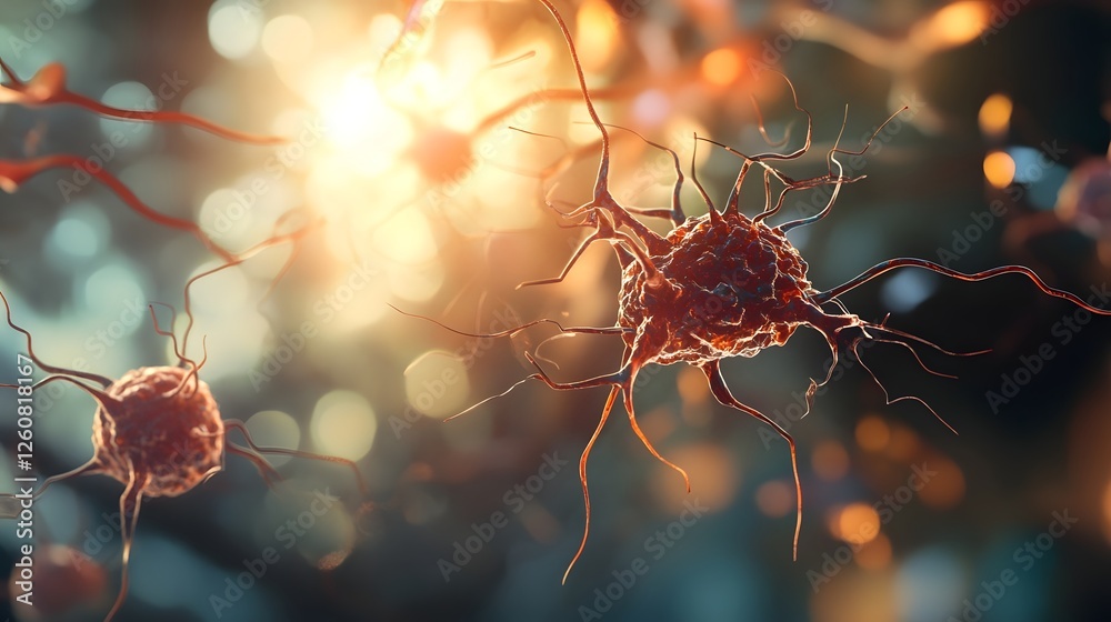 Poster closeup view of a complex network of interconnected neurons and nerve synapses showcasing the intric