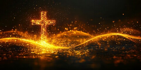 God hope symbolic abstract concept. A glowing golden cross stands amidst shimmering waves of light against a dark background, symbolizing faith and spirituality.