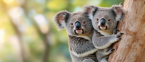 Fototapeta premium Two adorable koalas cuddle on a tree, showcasing their unique features and charming expressions amidst a natural, leafy backdrop.