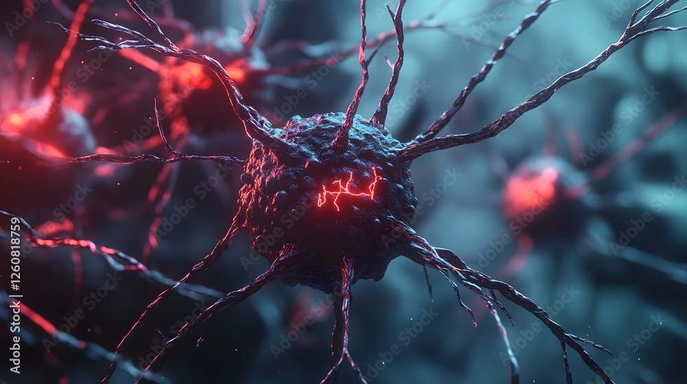 Leinwandbilder Closeup view of a glowing neon neuron structure in an abstract futuristic digital background  Concept of scientific research neural network and advanced medical technology