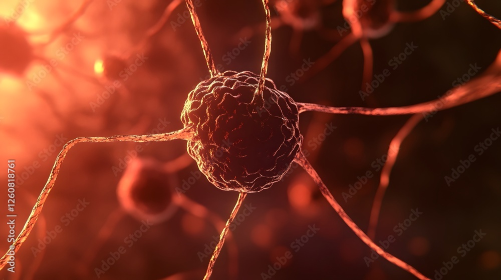 Poster closeup view of a glowing red cellular or molecular structure magnified under a microscope in a scie