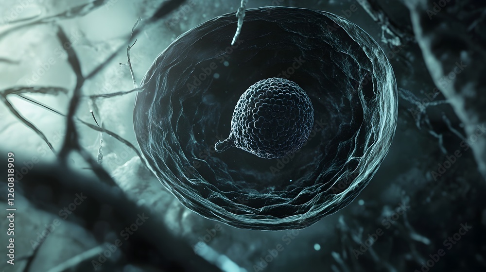 Poster closeup view of a microscopic spherical structure or molecule suspended in a transparent aqueous flu