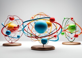 Scientific atom models with colorful electron orbits for physics and chemistry on white light background