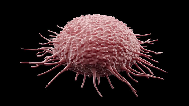 Closeup view of a pink colored biological cell or microorganism under a high powered microscope in a scientific laboratory or research setting