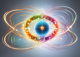 Scientific atom models with colorful electron orbits for physics and chemistry on white light background