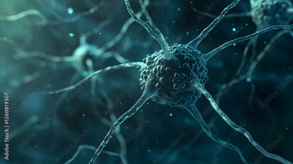 Poster closeup view of an intricate neural network synapse structure showcasing the complex molecular and c