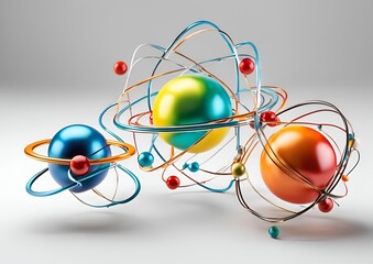 Scientific atom models with colorful electron orbits for physics and chemistry on white light background