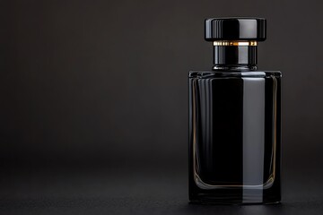 Elegant black perfume bottle on dark background.