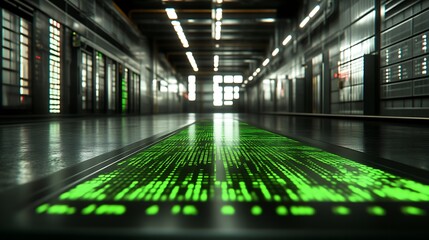 Green Code Streaming Across Futuristic Server Room Floor
