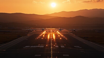 Planes aligned on runway under radiant sunrise in distant mountains