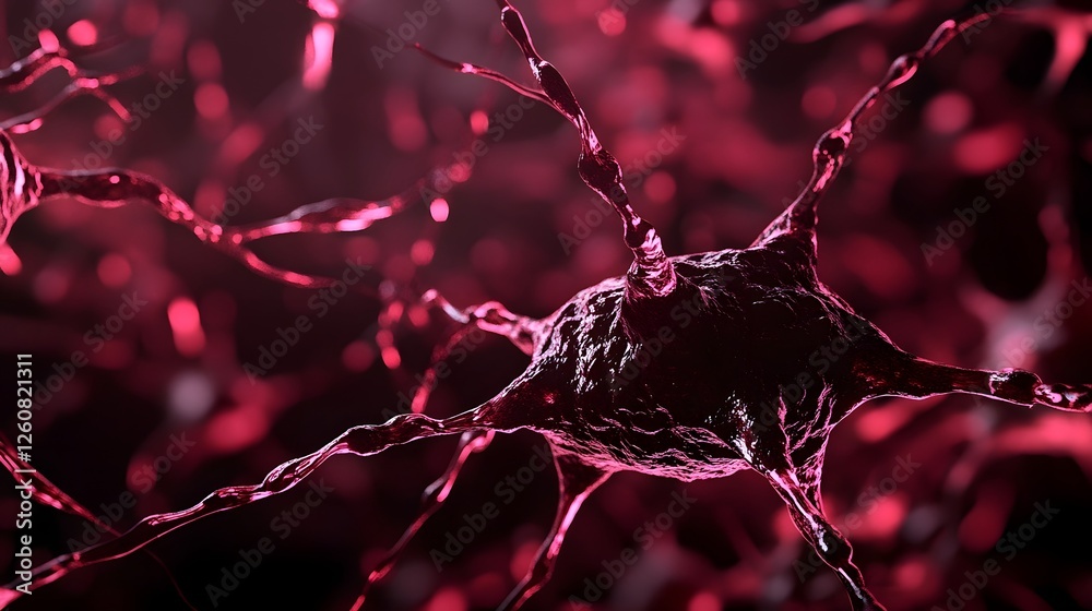 Poster depiction of an intricate neuronal network structure with vibrant pink and red hues conveying a sense of biological complexity and digital technology
