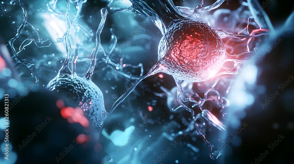 Poster Detailed 3D depicting a microscopic neural network showcasing the complex electrical impulses synaptic connections and biochemical communication processes within the nervous system