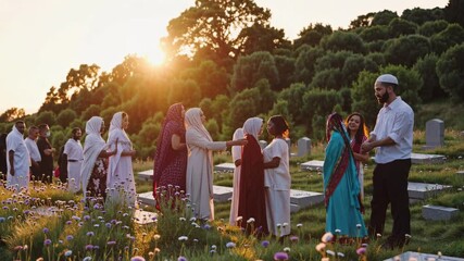Community members gather in a serene cemetery at sunset for a remembrance ceremony honoring loved ones lost