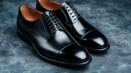 Elegant black leather dress shoes on a surface.