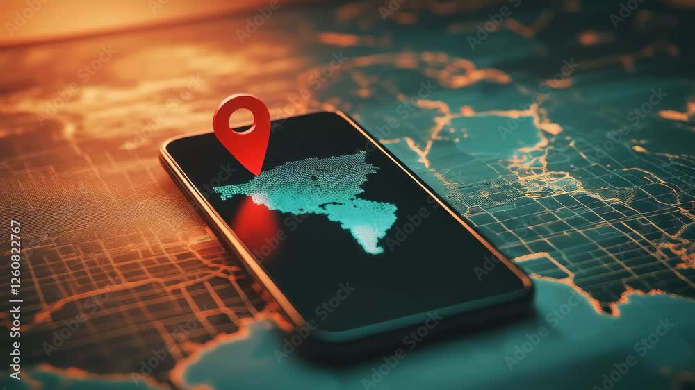 Poster slow motion smartphone screen revealing digital map of india, highlighting specific location with vi