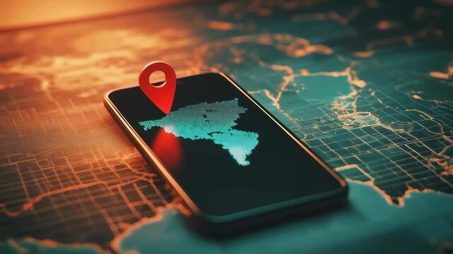 Slow motion smartphone screen revealing digital map of india, highlighting specific location with vibrant red positioning pin marking geographical destination