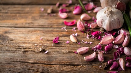 Dried rose petals intertwine with vibrant garlic cloves and bulbs, creating a sensory display of color and aroma on a weathered wooden table
