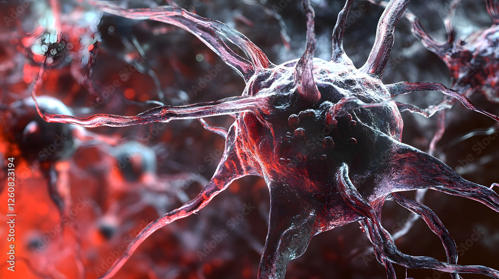 Poster Detailed microscopic view of a complex neuronal network structure with intricate dendrites and axons in vibrant red blue and abstract patterns