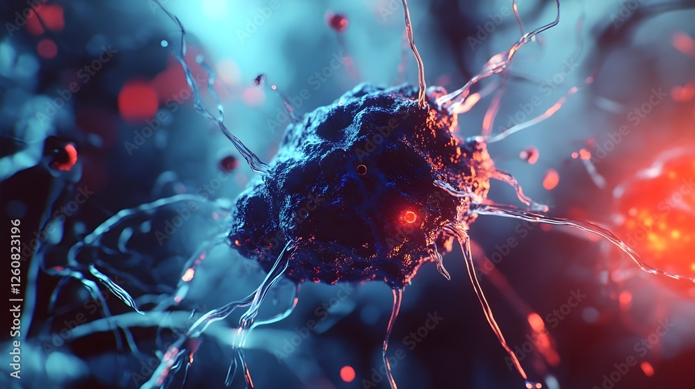 Poster Detailed microscopic view of a glowing dynamic cellular structure or microorganism under scientific investigation  Colorful abstract textured background with a conceptual technological feel