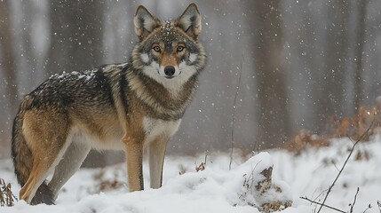 Obraz premium Red wolf in snowy forest, winter wildlife scene, nature photography